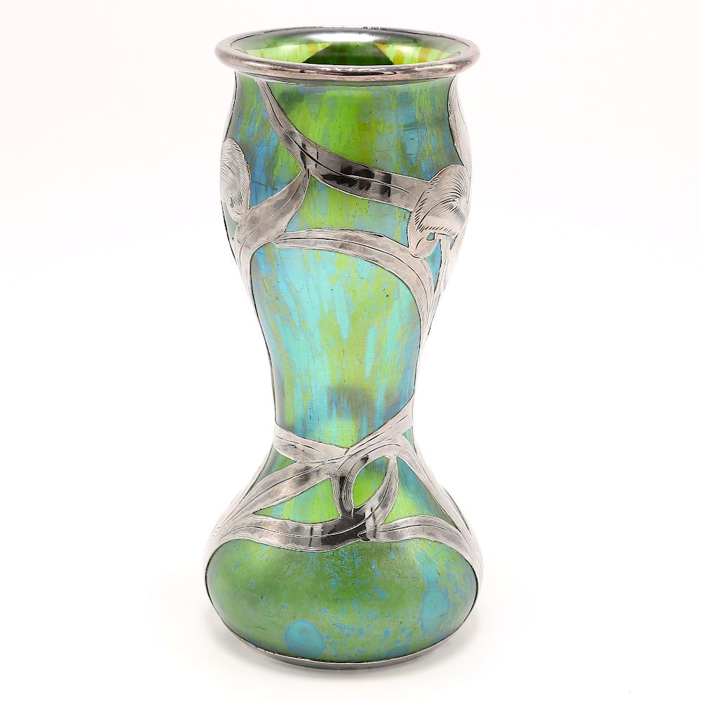 Appraisal: Green Sterling Silver Loetz Overlay Vase Green teal Loetz glass