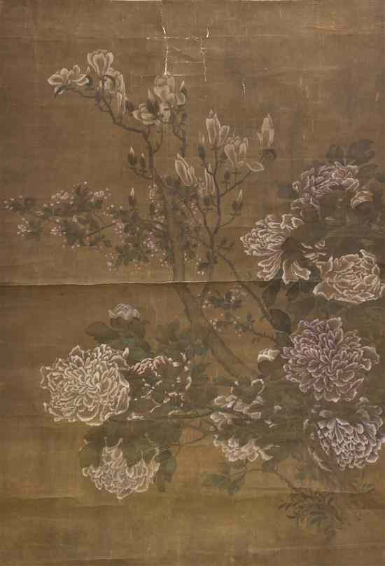 Appraisal: A Chinese Floral Painting on Silk depicting three flowering plants