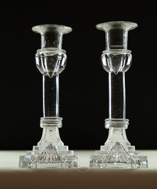 Appraisal: PAIR OF GLASS CANDLESTICKS American st half- th century Clear