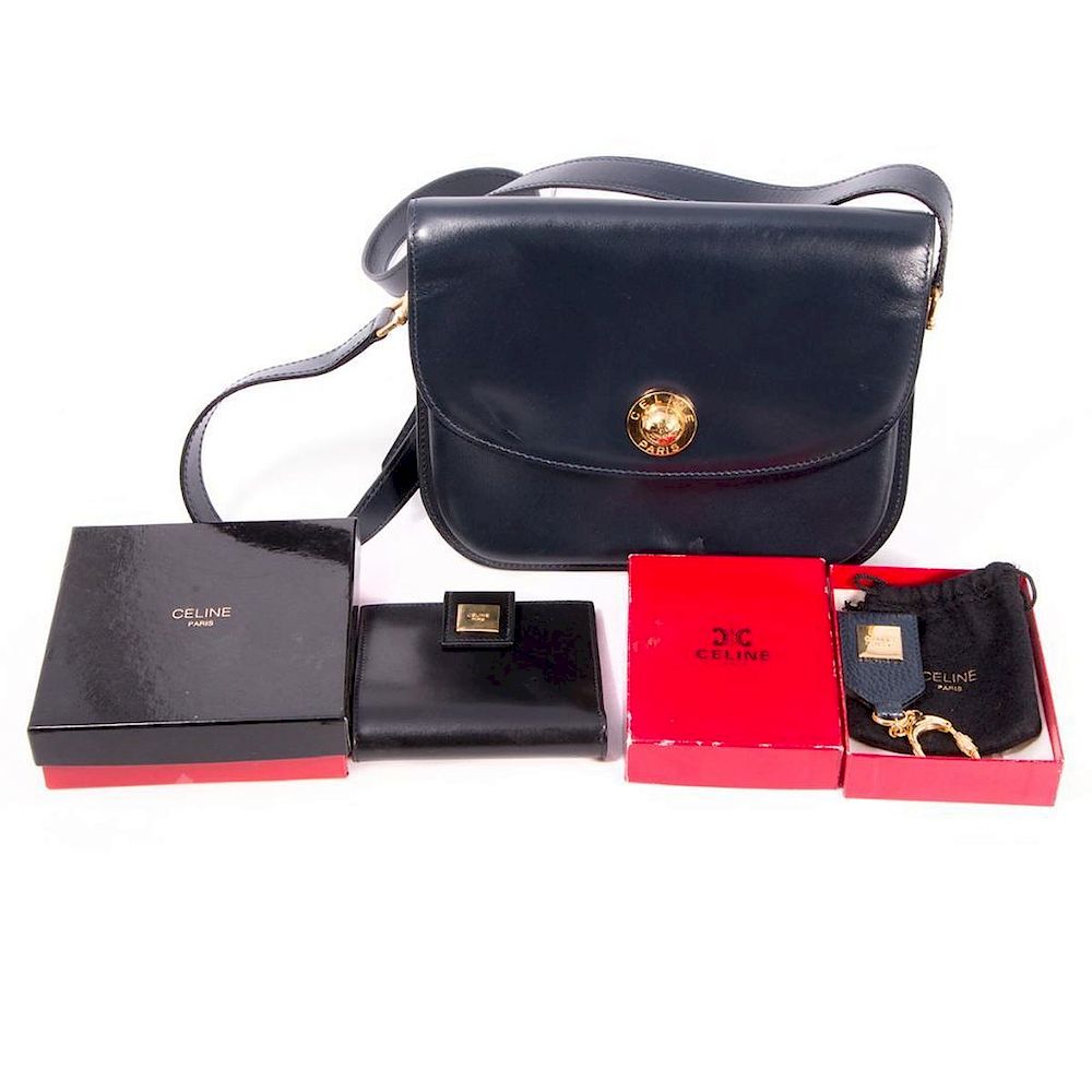 Appraisal: Celine Paris Navy Blue Flap Purse with Celine black leather