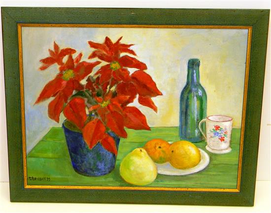 Appraisal: T Bausson oil on canvas Still Life with Poinsettia a