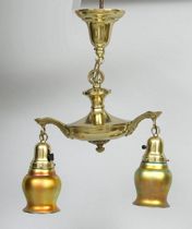 Appraisal: Signed Steuben Favrile Glass Pendant Lamp Two shades almost matching