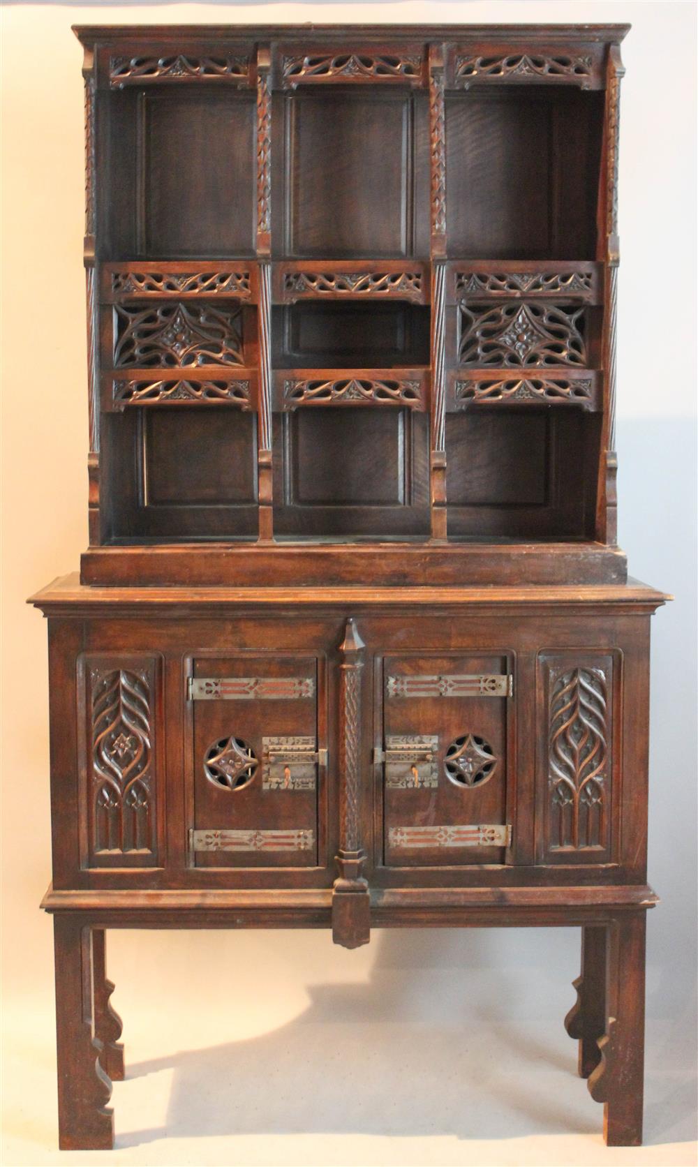 Appraisal: GOTHIC REVIVAL CARVED WALNUT CABINET ON STAND circa the rectangular