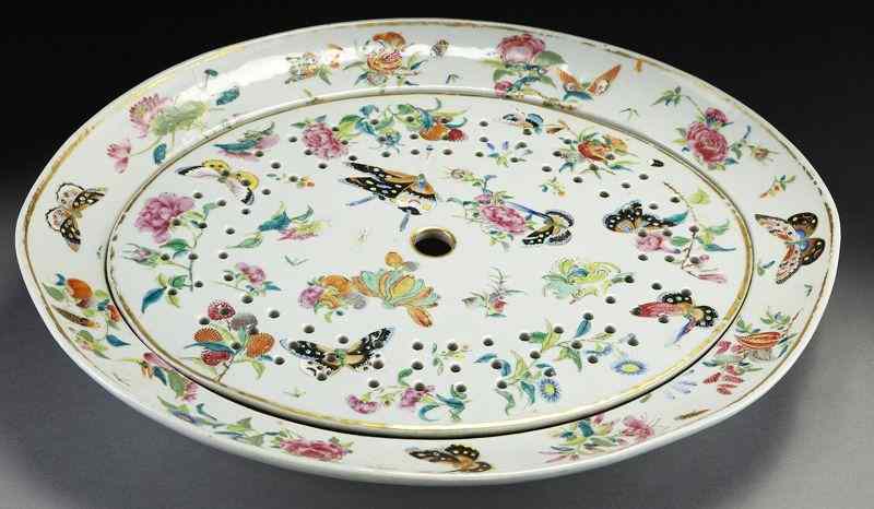 Appraisal: Chinese Qing Canton rose porcelain dishand strainer depicting butterflies and