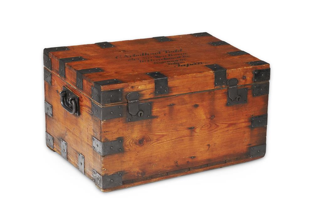 Appraisal: VICTORIAN PINE AND IRON BOUND TRUNK TH CENTURY with a