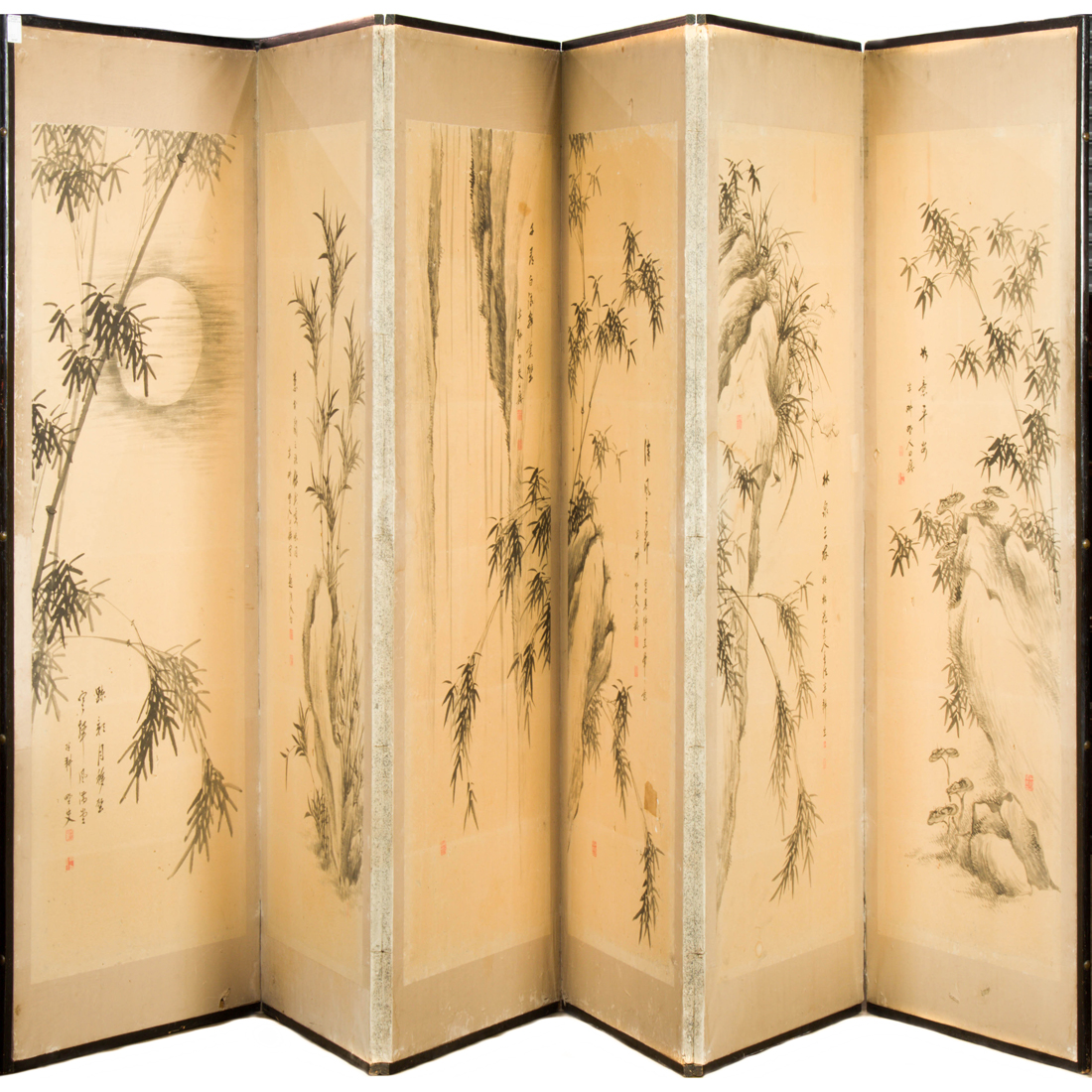 Appraisal: JAPANESE SIX-PANEL FOLDING SCREEN Japanese six-panel folding screen each panel