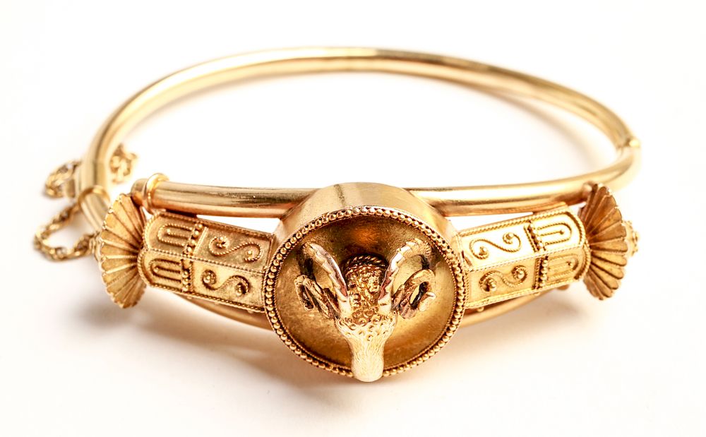 Appraisal: Etruscan Revival K Gold Ram Head Bangle Bracelet Etruscan revival