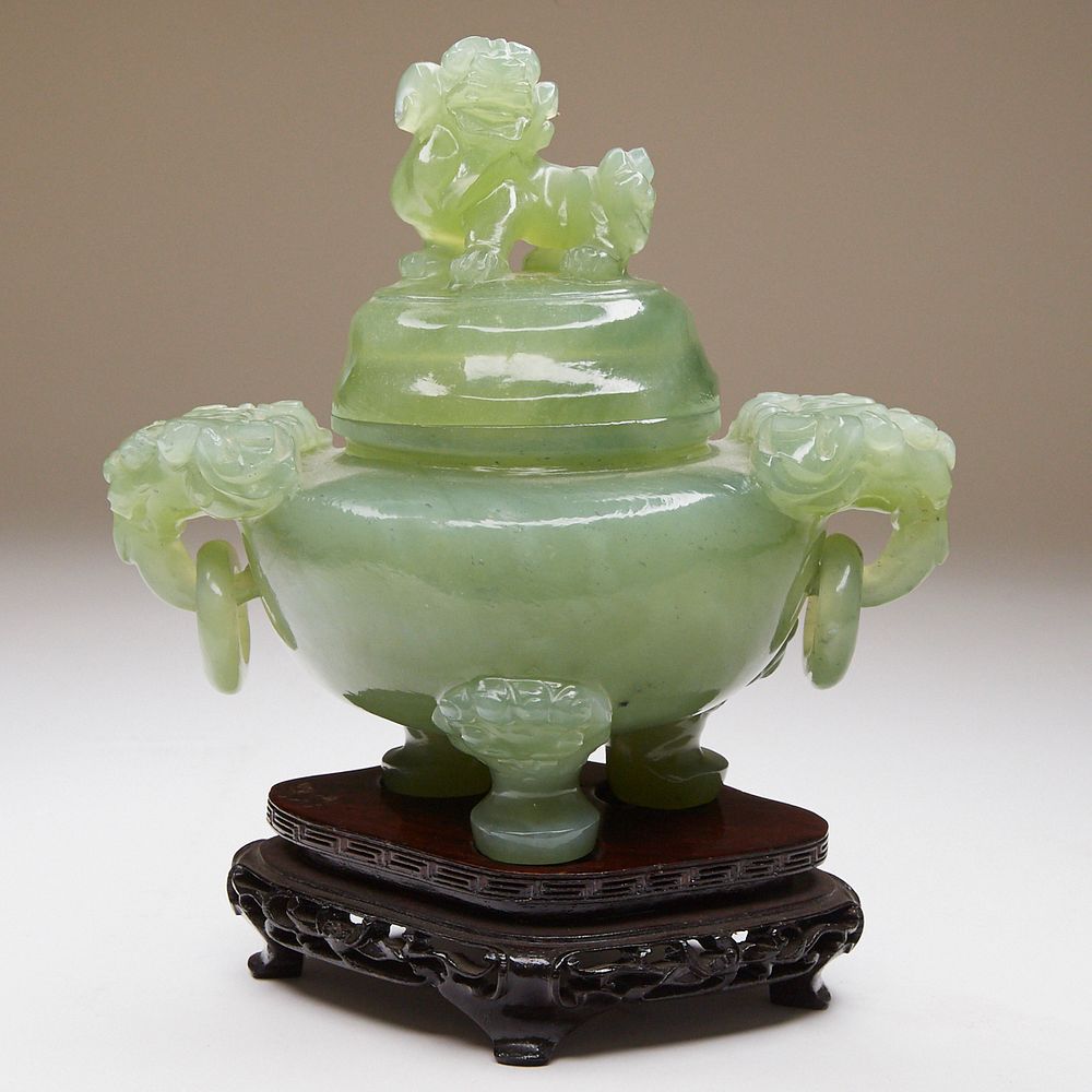 Appraisal: Chinese Hardstone Green Tripod Censer w Stand Chinese carved green