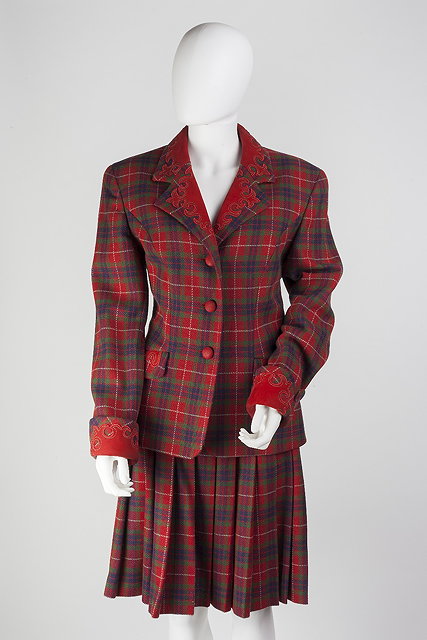 Appraisal: A red tartan Loewe skirt suit with a pleated skirt