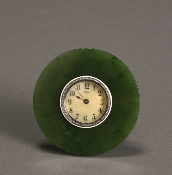 Appraisal: Faberg Nephrite Diamond and Guilloch Enamel Silver Desk Clock Workmaster