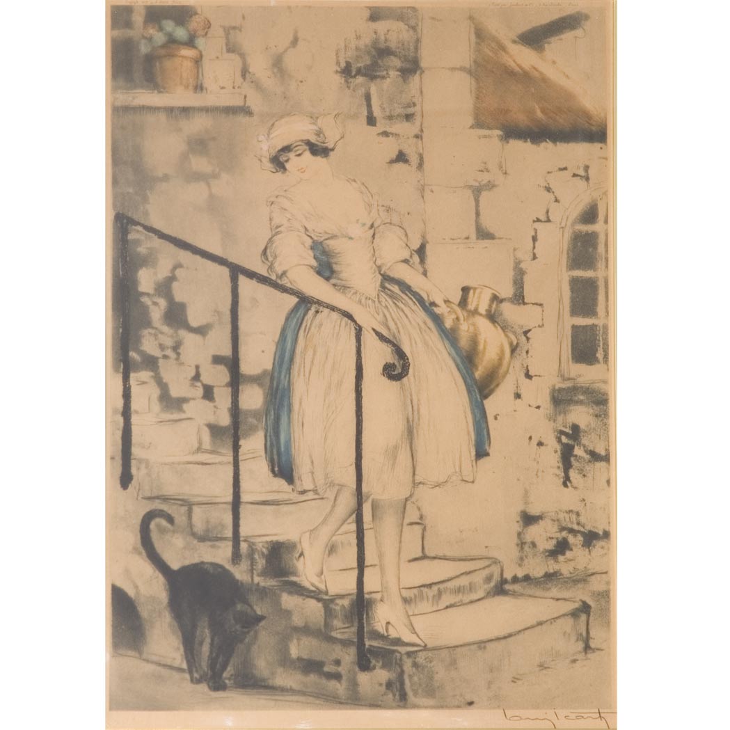 Appraisal: Louis Icart THE MILKMAID HOLLAND CATANIA ISEN Hand-colored color etching