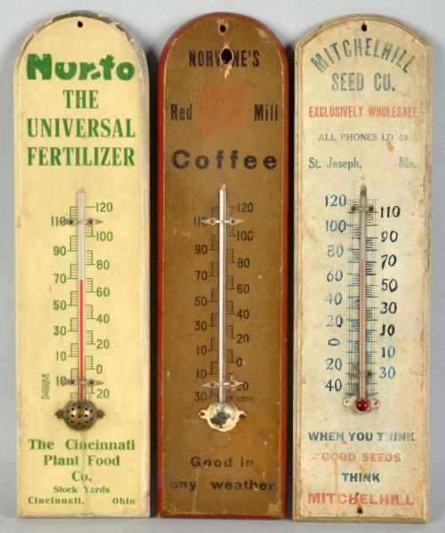 Appraisal: Lot of Wooden Advertising Thermometers Description Includes Red Mill Coffee