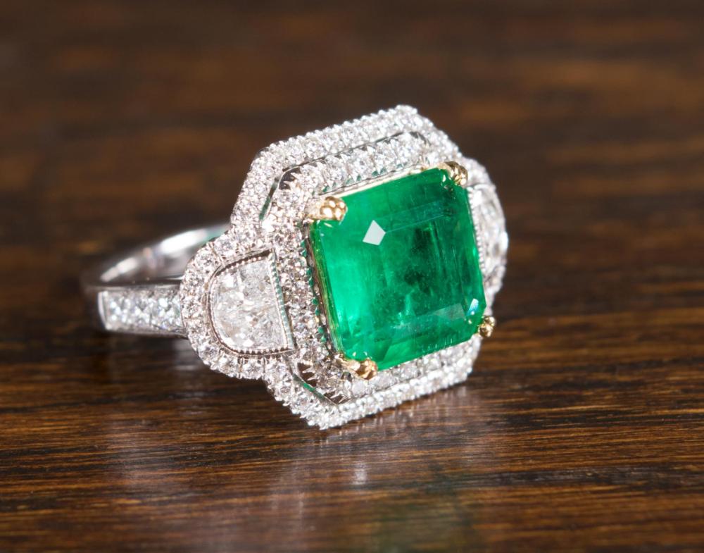 Appraisal: EMERALD DIAMOND AND EIGHTEEN KARAT GOLD RING WITH GIA REPORT