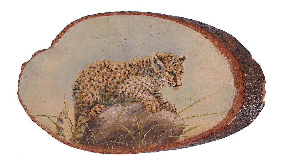 Appraisal: Old Painting of Florida Bobcat on Fruit Wood Handpainted Florida