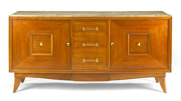 Appraisal: A French Art Deco walnut and marble credenza s with