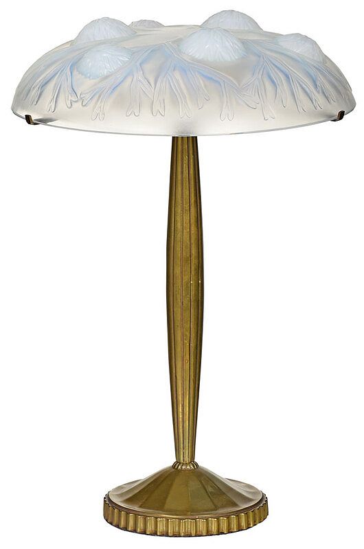 Appraisal: Brass Table Lamp with Lalique Style Glass Shade probably Continental