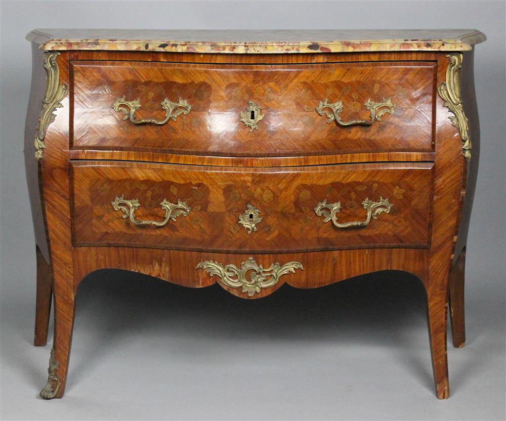 Appraisal: LOUIS XV STYLE MARQUETRY AND TULIPWOOD COMMODE with pink mottled