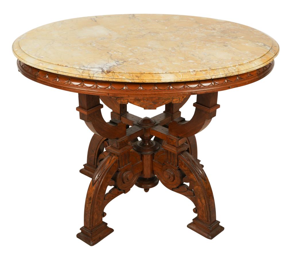 Appraisal: VICTORIAN MARBLE-TOP OAK BURL CENTER TABLEthe oval top on a