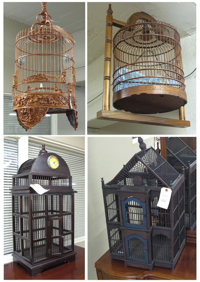 Appraisal: FOUR HANGING BIRDCAGES including two Victorian style architectural cages of