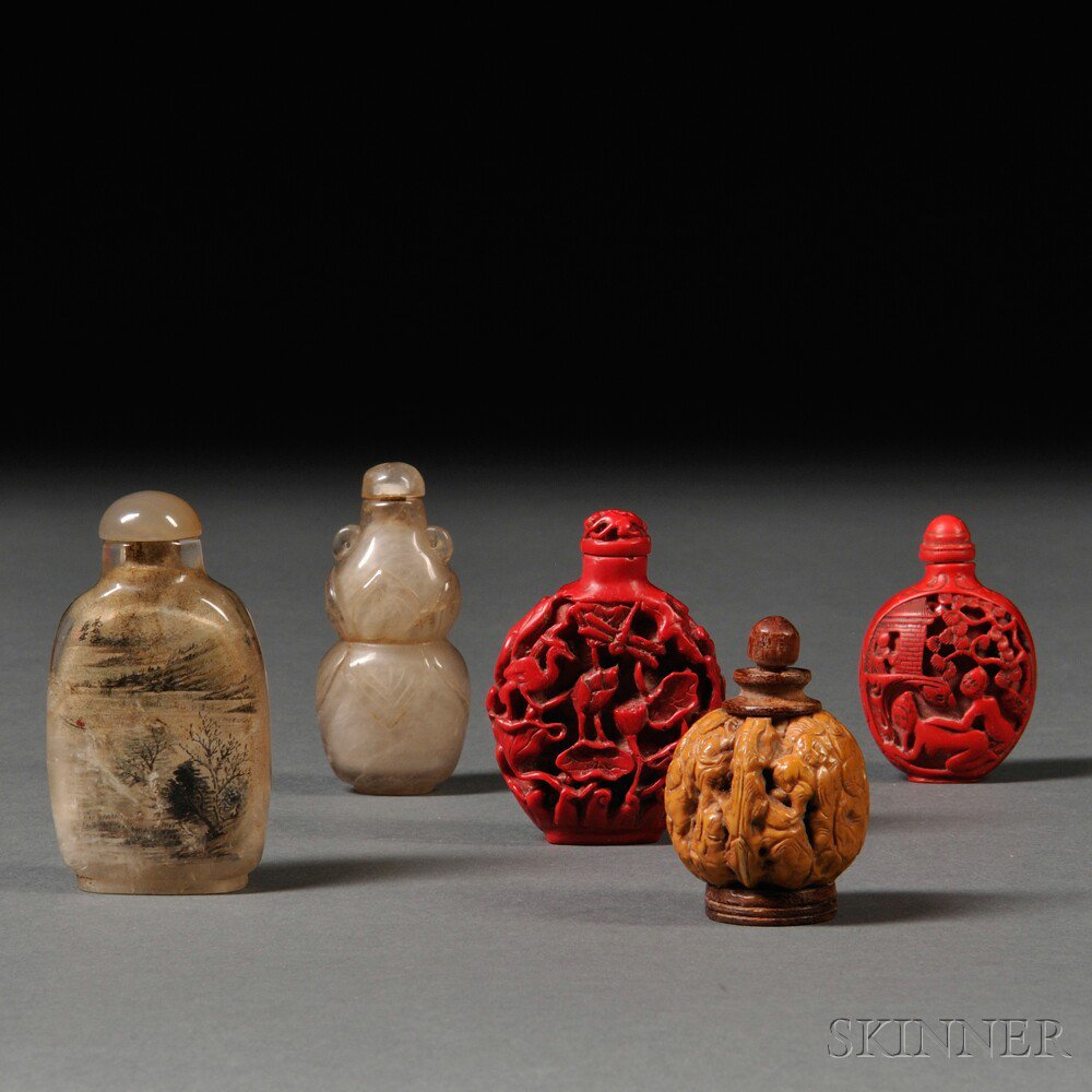 Appraisal: Five Snuff Bottles China th century one with walnut shell