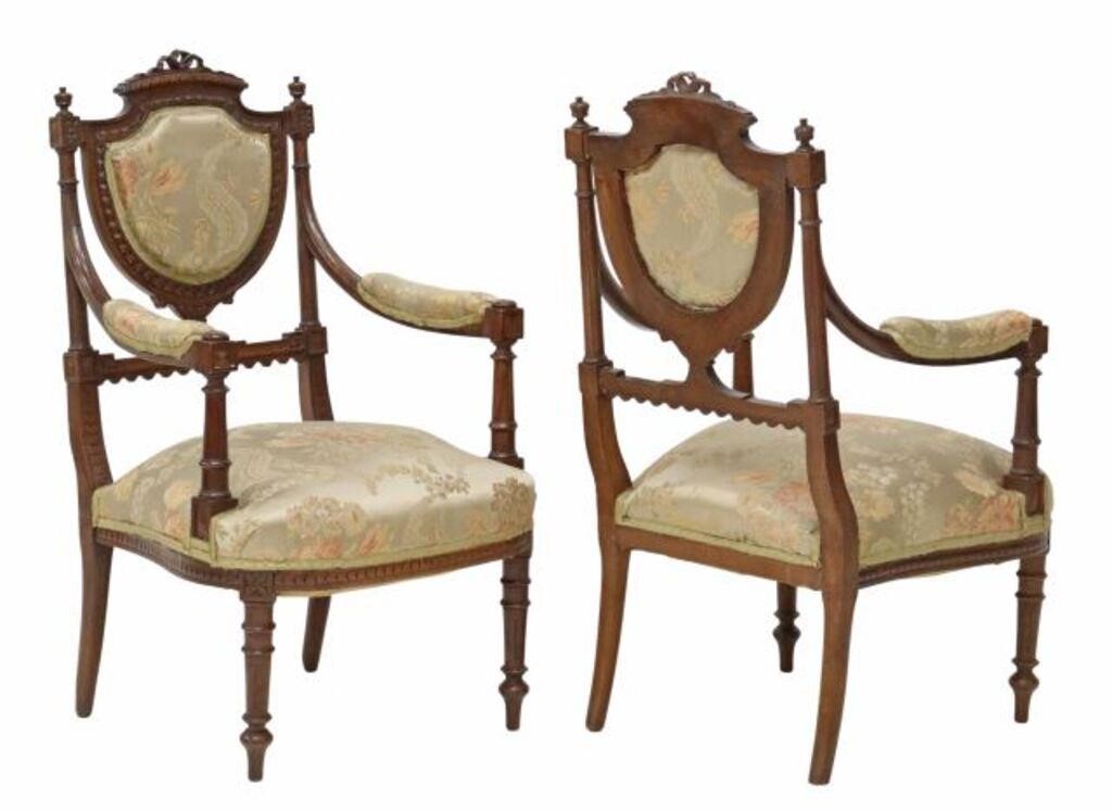 Appraisal: pair French Louis XVI style armchairs th c carved ribbon