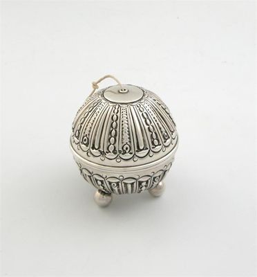 Appraisal: A late Victorian spherical string box on three ball feet