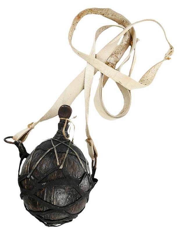 Appraisal: Coconut Flask With Leather Strap th th century coconut shell