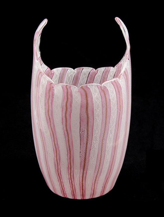 Appraisal: MURANO PINK WHITE LATTICINO GLASS VASE Shaped rim with stylized