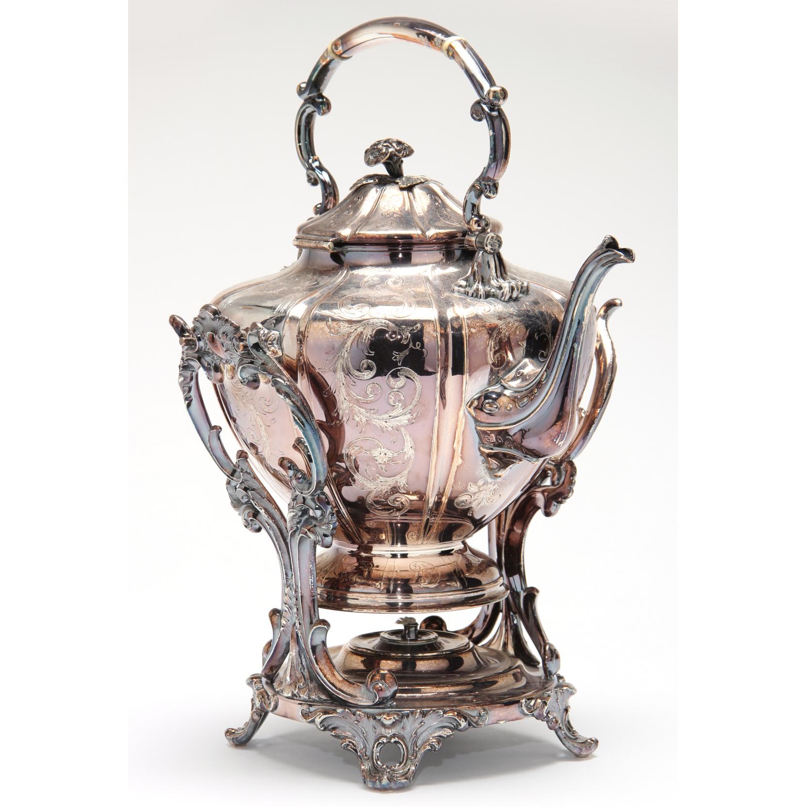 Appraisal: James Dixon Son Silverplate Kettle on Stand re-plated by Tiffany