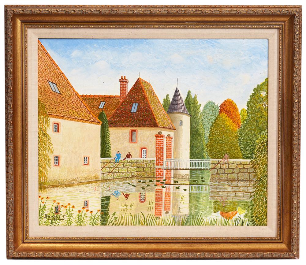 Appraisal: ANDRE BOUQUET 'FISHING FROM THE BRIDGE' PAINTINGAndre Bouquet France -