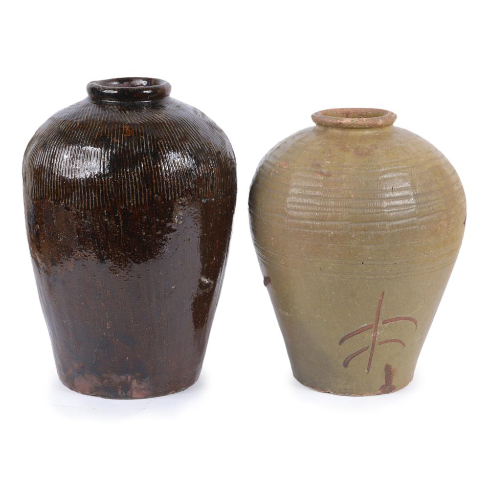 Appraisal: TWO JAPANESE SHIGARAKI STONEWARE POTTERY STORAGE JARS WITH BROWN AND