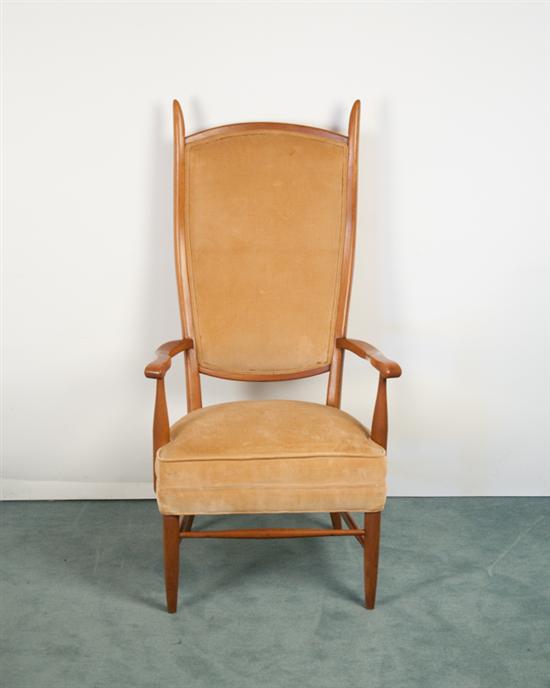 Appraisal: European-style Maple and Corduroy Armchair unsigned quality detail work upholstery