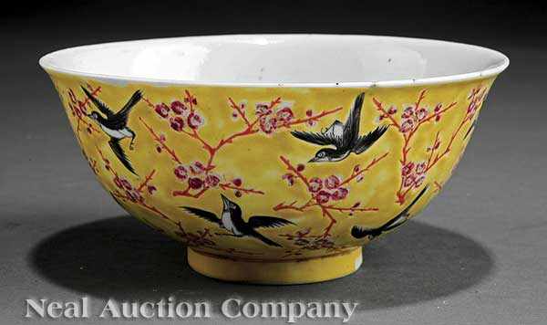 Appraisal: A Chinese Yellow Ground 'Magpie and Prunus' Porcelain Bowl probably