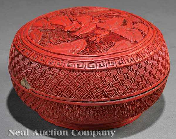 Appraisal: A Chinese Cinnabar Lacquer Circular Box and Cover Qing Dynasty