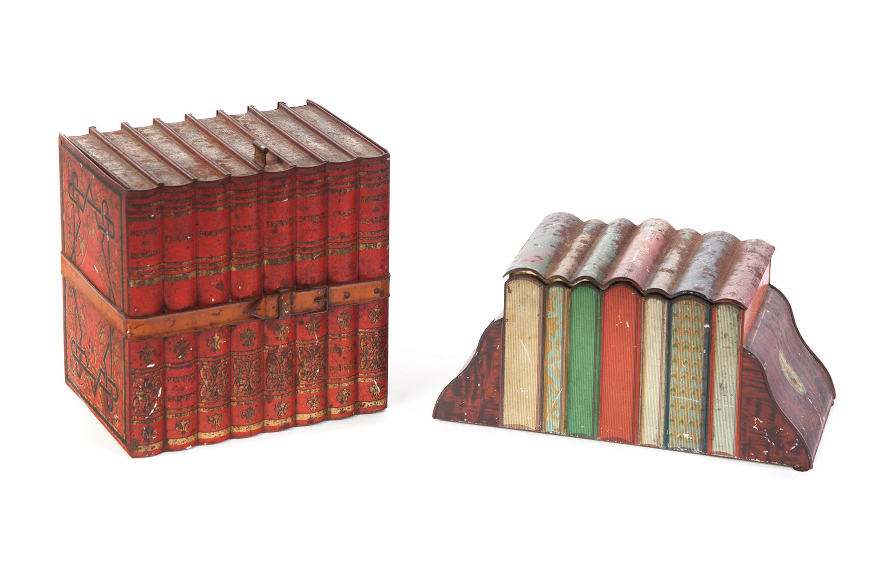 Appraisal: TWO ENGLISH BOOK-SHAPED BISCUIT TINS Early th century Chromolithograph printed