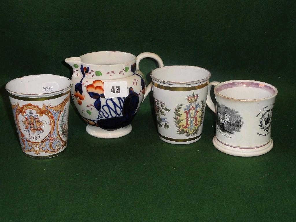 Appraisal: Three various th century gaudy type jugs together with a