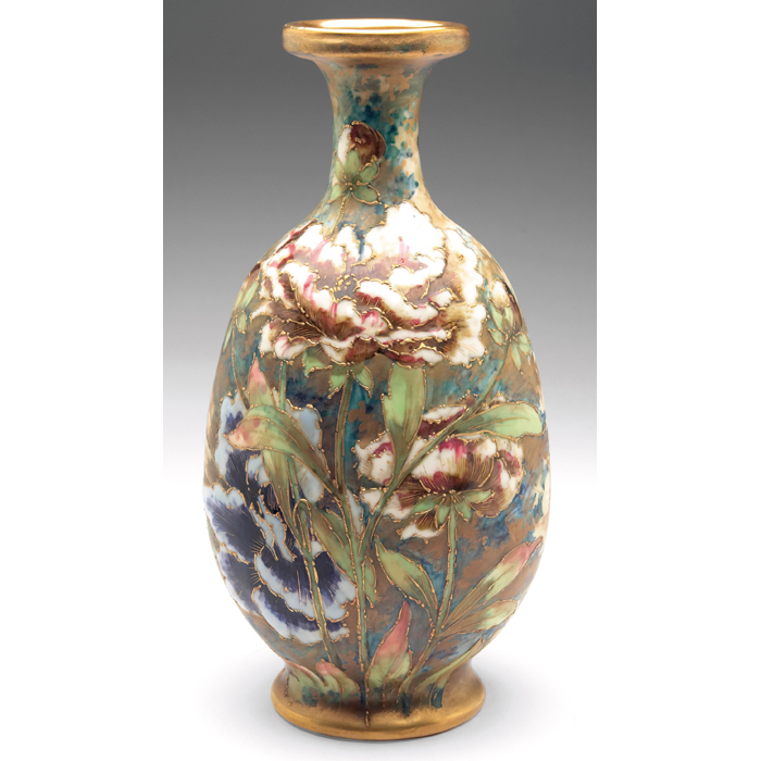 Appraisal: Amphora vase beautifully painted and colorful peonies with gold accents