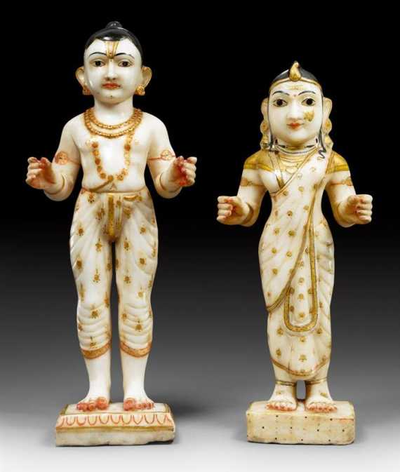 Appraisal: TWO PAINTED ALABASTER STATUES MAN AND WOMAN India th ct