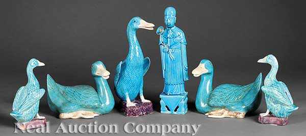 Appraisal: A Group of Six Chinese Turquoise Blue Glazed Figures comprising