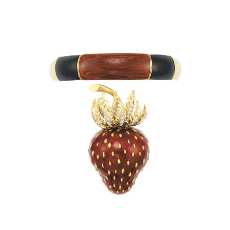 Appraisal: Gold Enamel and Diamond Strawberry Clip-Brooch and Enamel Bangle Bracelet