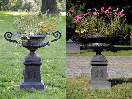 Appraisal: PAIR OF VICTORIAN PAINTED CAST-IRON GARDEN URNS ON PEDESTALS Each