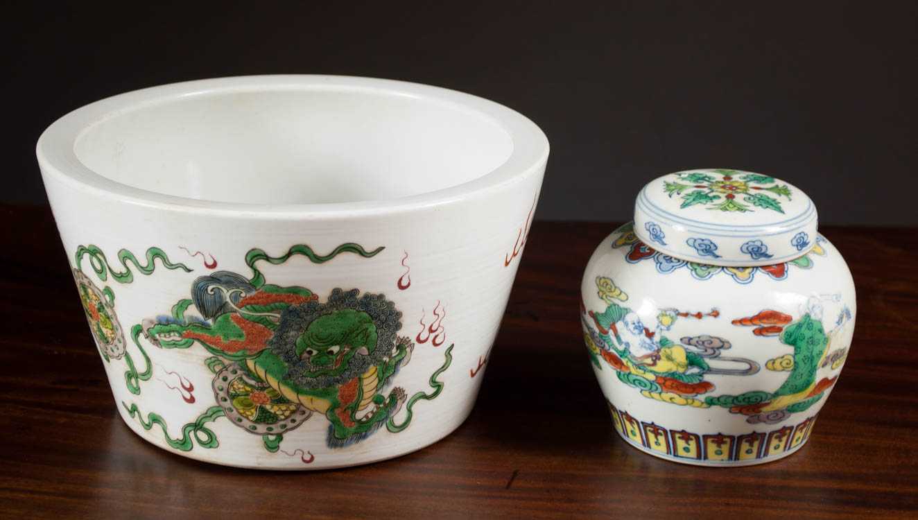 Appraisal: TWO HAND ENAMELED CHINESE PORCELAINS wucai basin with tapered base