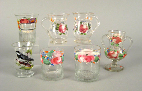 Appraisal: Seven enamel decorated glasswares th c to include four mugs