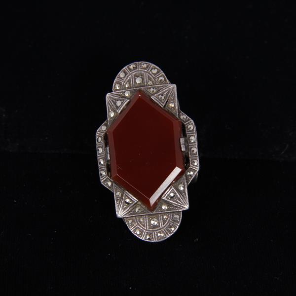 Appraisal: Art Deco Sterling Silver Marcasite Ring with large faceted Carnelian