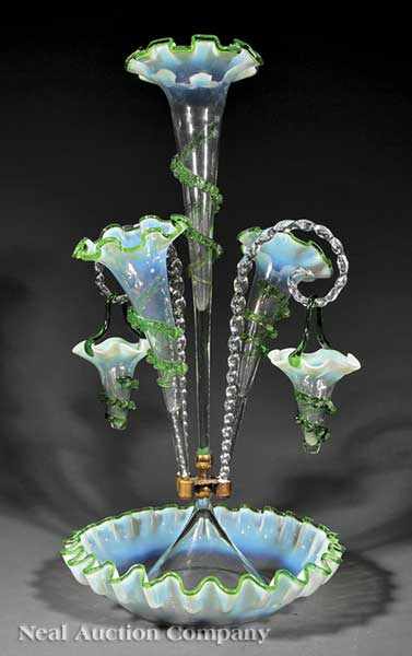 Appraisal: A Victorian Apple Green Opaline and Clear Blown Glass Epergne