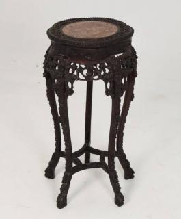 Appraisal: CARVED EBONIZED BURMESE TEAKWOOD STAND WITH MARBLE INSERT MID TH