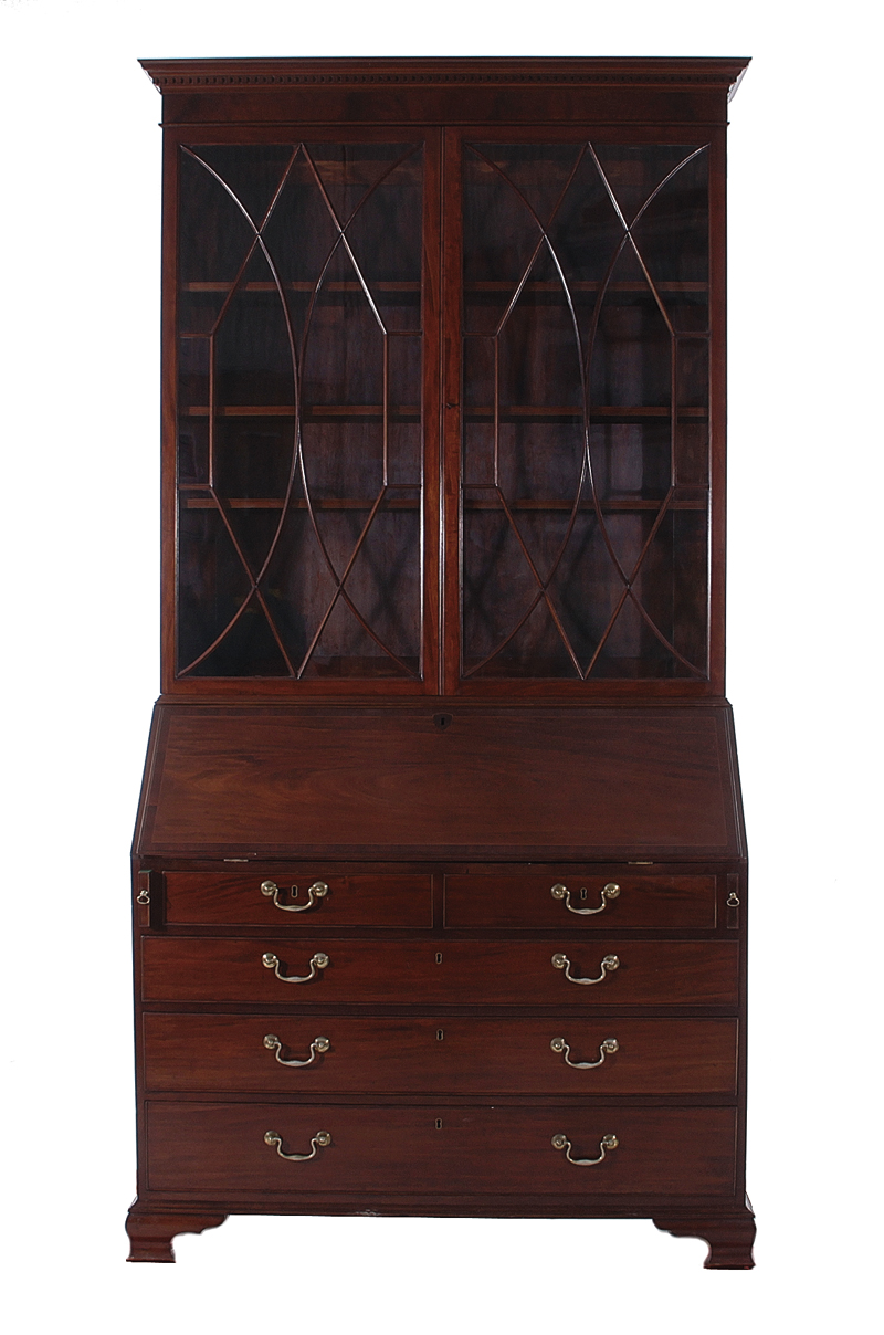 Appraisal: Georgian style inlaid mahogany bureau bookcase circa dentil-molded crown astragal-glazed