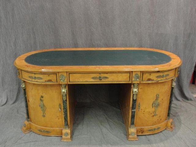 Appraisal: Oval Burlwood and Leathertop Empire Style Desk From a Stamford