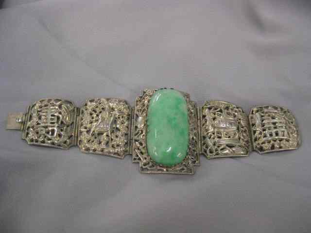 Appraisal: Jade Bracelet large mottled green stone in fancy openwork silver