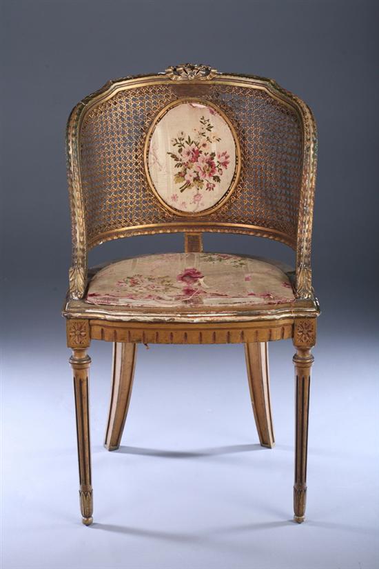 Appraisal: LOUIS XVI CARVED AND GILT-WOOD CANED BARREL-BACK HALF-ARM LADY'S CHAIR